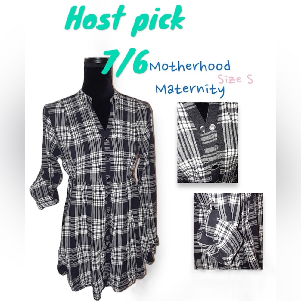 Motherhood Maternity Plaid Blouse Size S black & white roll cuff sleeves